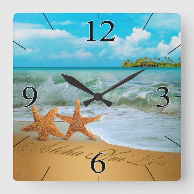 Relógio Quadrado Starfish Couple ASK ME TO PUT NAMES IN THE SAND (Frente)