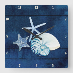 Relógio Quadrado Starfish Nautilus Sea Watercolor Shelds Beach Blue