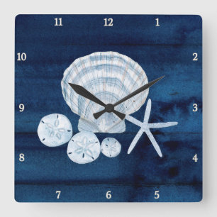 Relógio Quadrado Starfish Sea Shells Beach Sand Dollar Blue n White