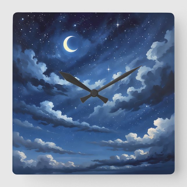 Relógio Quadrado Starry Crescent Sky Poster - Illustration Style (Frente)
