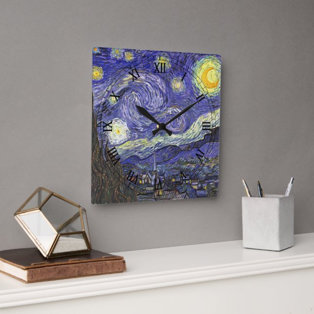 Relógio Quadrado Starry Night por Vincent van Gogh (Escritório)
