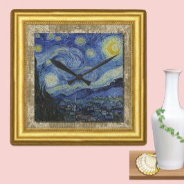 Relógio Quadrado Starry Night, Vincent Van Gogh, Canvas enquadrada