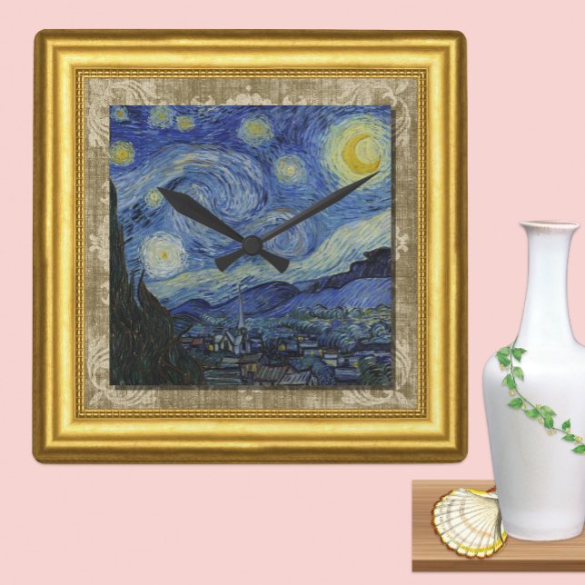 Relógio Quadrado Starry Night, Vincent Van Gogh, Canvas enquadrada (Criador carregado)