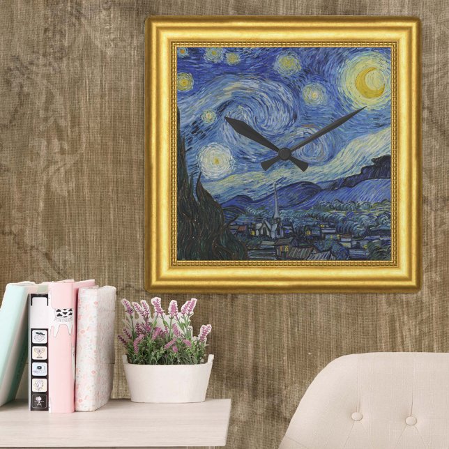 Relógio Quadrado Starry Night, Vincent Van Gogh Frame (Criador carregado)