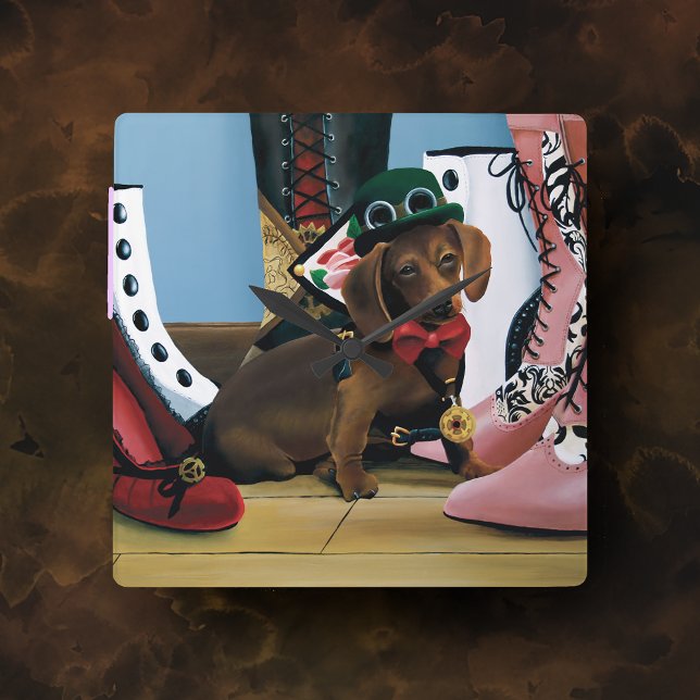 Relógio Quadrado Steampunk Dachshund Calçados Boot Vitoriano (Criador carregado)