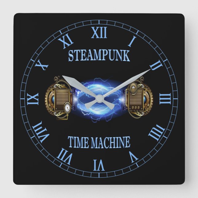 Relógio Quadrado Steampunk ~ Máquina da Hora da Onda Azul Eletrônic (Frente)