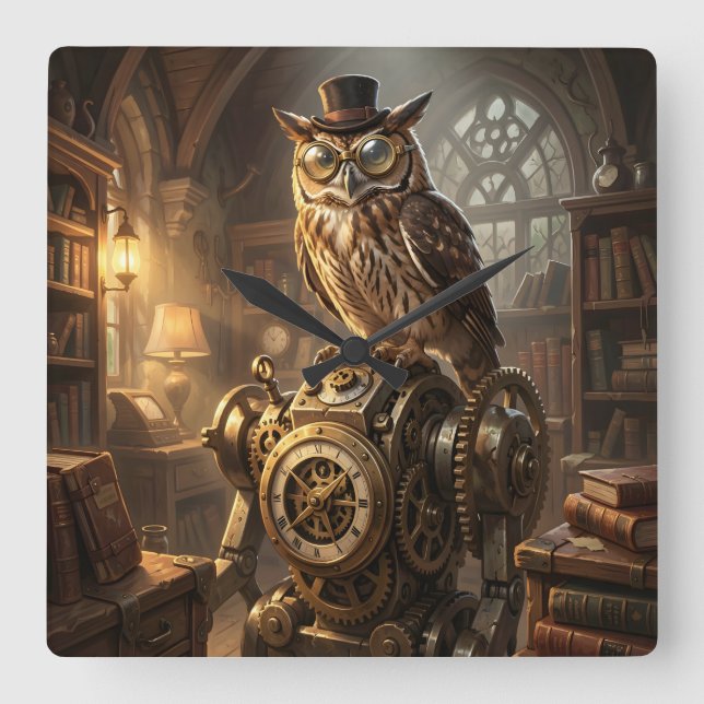 Relógio Quadrado steampunk owl clockwork art clock (Frente)