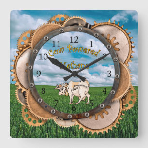 Relógio Quadrado Steampunk ~ Perdon My Methane ~ Cow Powered