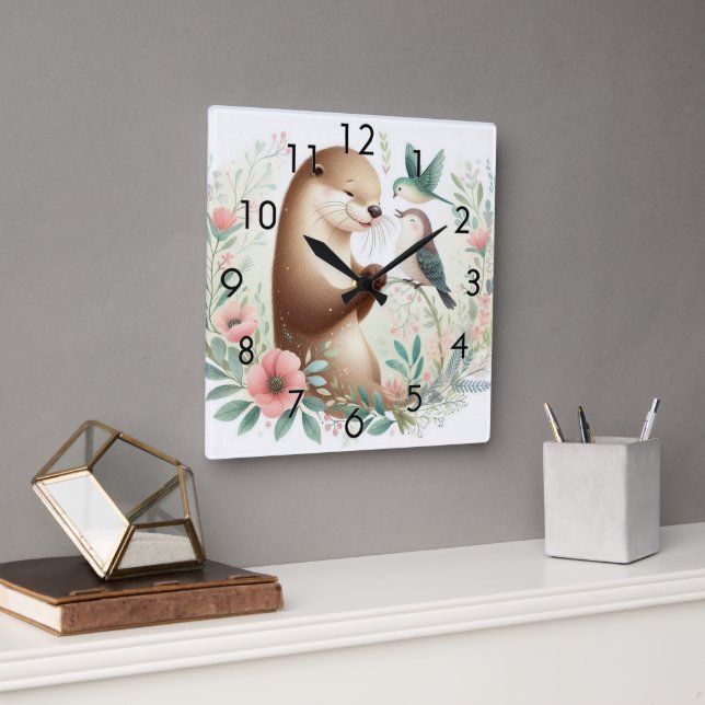 Relógio Quadrado Storybook Woodland Babers Otter E Bird (Escritório)