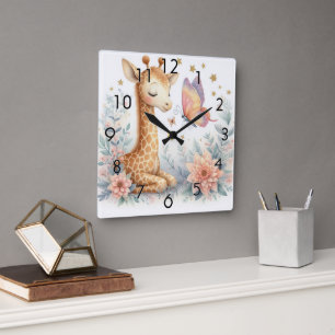 Relógio Quadrado Storybook Woodland Babings Giraffe Borboleta