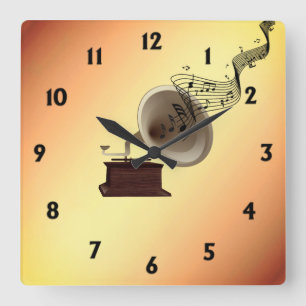 Relógio Quadrado Streams de Música do Gramofone com 12 Números