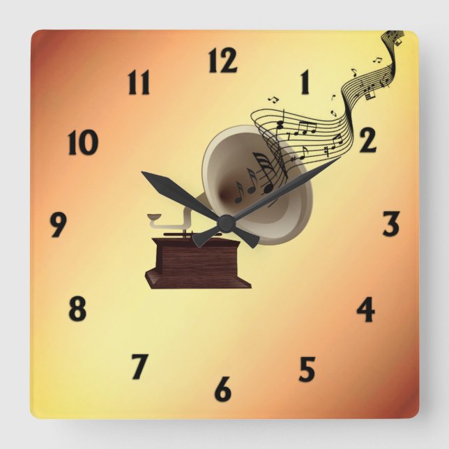 Relógio Quadrado Streams de Música do Gramofone com 12 Números (Frente)