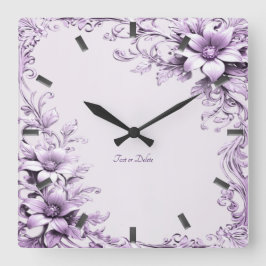 Relógio Quadrado Stylish Purple Flowers Wall Clock