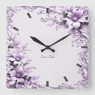 Relógio Quadrado Stylish Purple Flowers Wall Clock