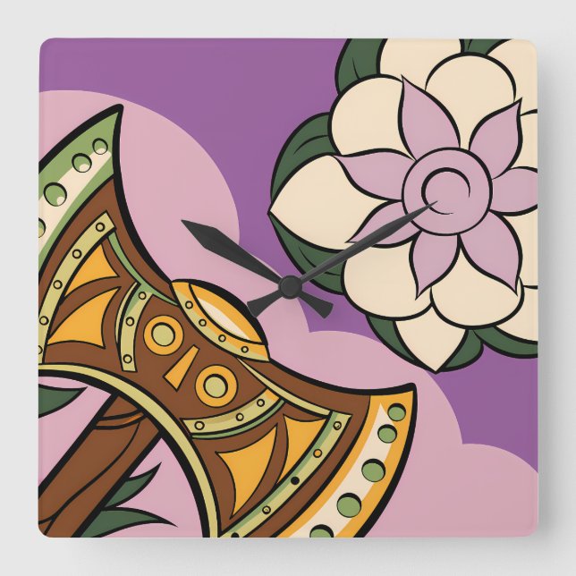 Relógio Quadrado Stylized Axe and Flower Design (Frente)