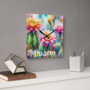 Relógio Quadrado Suculentas Floridas em Aquarela Personalizadas