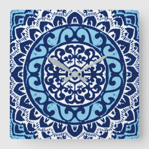 Relógio Quadrado Sudoeste Sun Mandala Batik, Marinho Azul e Branco