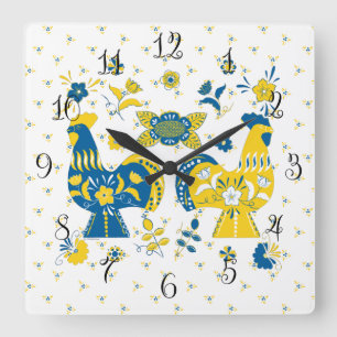 Relógio Quadrado Sueco Folk Dala Rooster l Azul e Amarelo