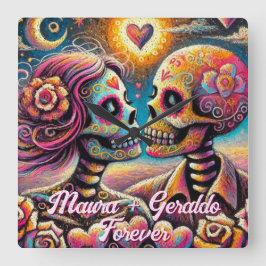 Relógio Quadrado Sugar Skulls in Love Chalk Pastel Personalized