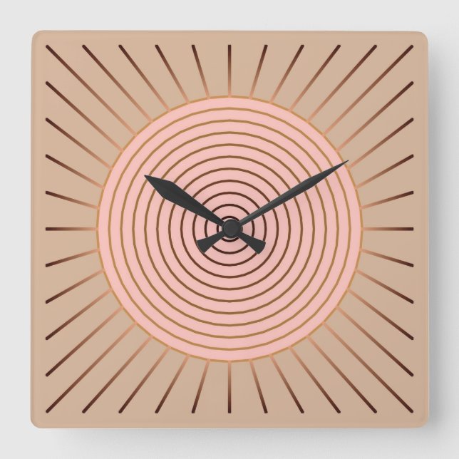Relógio Quadrado Sunburst Geométrico Moderno - Peach e Tan (Frente)