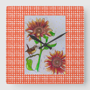 Relógio Quadrado Sunflower Wren Wall Clock