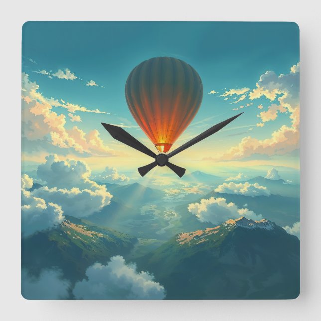 Relógio Quadrado Sunlit Balloon Ride - Dreamlike Illustration Style (Frente)