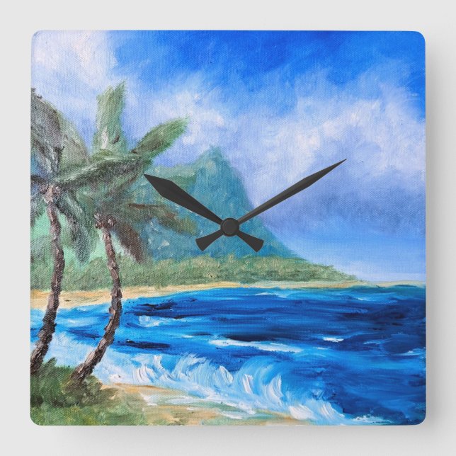 Relógio Quadrado Sunny Hawaii Beach Painting Tropical Paradise Palm (Frente)