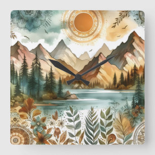 Relógio Quadrado Sunny Rustic Boho Nature Pattern Mountain Lake