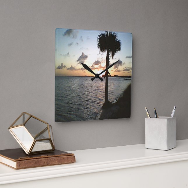 Relógio Quadrado Sunset Na Praia (Escritório)