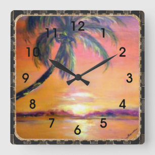 Relógio Quadrado Sunset tropical, pintura de arte