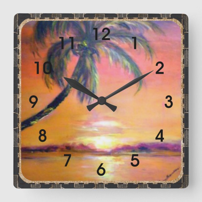 Relógio Quadrado Sunset tropical, pintura de arte (Frente)