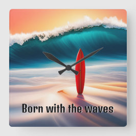 Relógio Quadrado Surfboard vertical em areia com onda