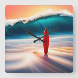 Relógio Quadrado Surfboard vertical em areia com onda