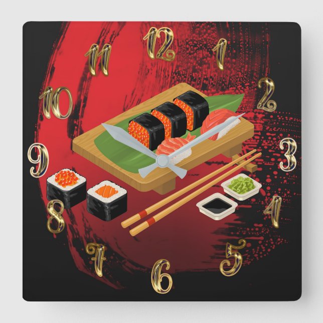 Relógio Quadrado Sushi Vermelho e Negro Elegante Moderno (Frente)