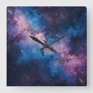 Relógio Quadrado Suspiros Galácticos - Canvas Espacial Abstrato