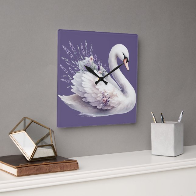 Relógio Quadrado Swan de Aquarela com Florais de Lavanda (Escritório)