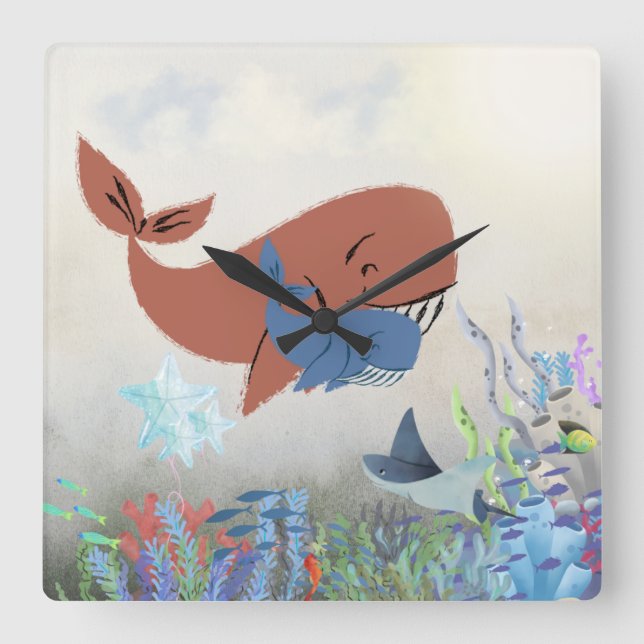 Relógio Quadrado Sweet Mama & Baby Whale Nursery Wall Clock (Frente)