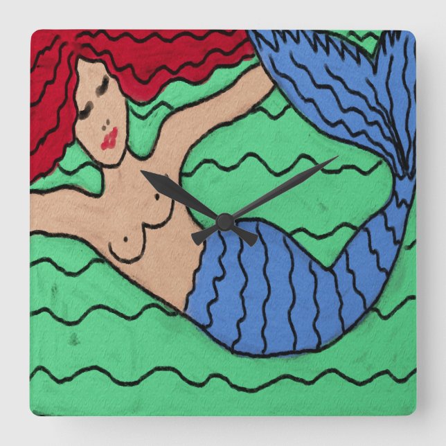 Relógio Quadrado Swimming Mermaid Abstract Painting Square Wall Clo (Frente)