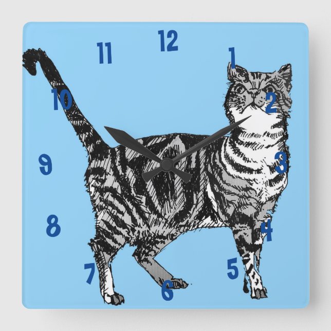 Relógio Quadrado Tabby Cat Cats Art Chilts Light Blue (Frente)