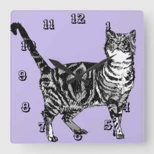 Relógio Quadrado Tabby Cat Gatos Crianças de Animais Púrpura Pastel
