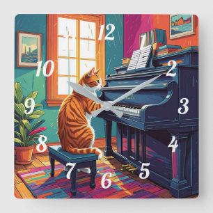 Relógio Quadrado Tabby Cat Tocando o Piano