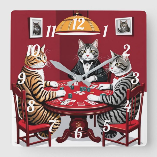 Relógio Quadrado Tabby Cats Reproduzindo Poker (Frente)