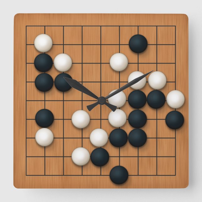 Relógio Quadrado Tabuleiro de Go 9x9 com Pedras (marrom claro) (Frente)