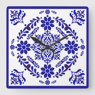 Relógio Quadrado Talavera 3 ao quadrado azul e branco