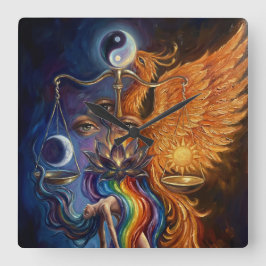 Relógio Quadrado Tapeçaria de Parede Espiritual Equilíbrio Fénix