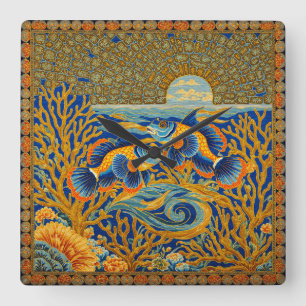 Relógio Quadrado Tapeçaria Estilo Retrô Laranja Peixe Mandarin