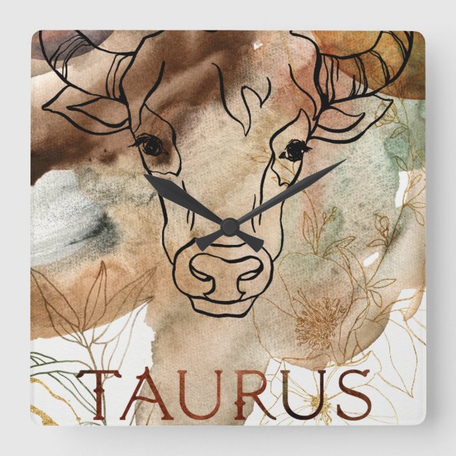Relógio Quadrado Taurus touro-marrom flores planetas astrologia (Frente)
