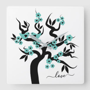 Relógio Quadrado Teal, black Love birds cherry tree & blossoms