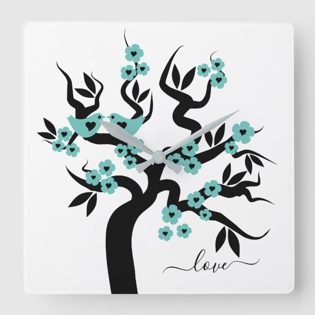 Relógio Quadrado Teal, black Love birds cherry tree & blossoms (Frente)