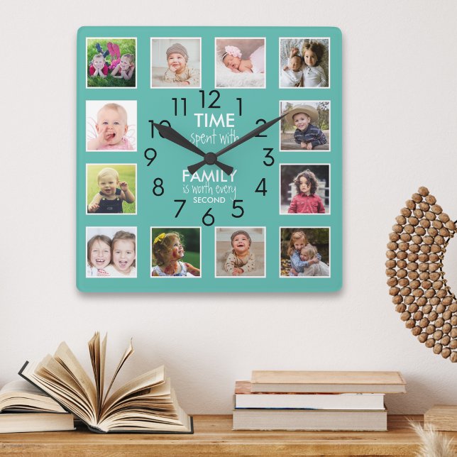 Relógio Quadrado Teal de Citação Horária da Família de Colagem de F (Modern 12 Photo Collage Family Time Quote Teal Square Wall Clock)